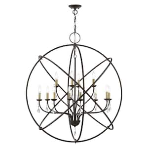 Aria 12-Light Bronze Grande Foyer Chandelier with Antique Brass Candles and Crystals