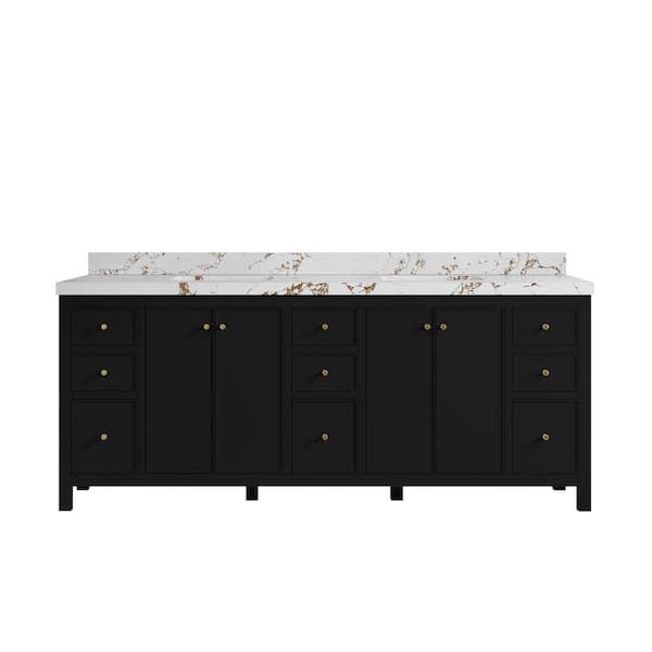 Willow Collections Chicago 84 in. W x 22 in. D x 36 in. H Double Sink Bath Vanity in Black with 2 in. Viola Brown Qt. Top