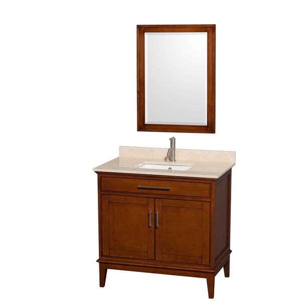 Wyndham Collection Hatton 36 in. Vanity in Light Chestnut with Marble Vanity Top in Ivory, Square Sink and 24 in. Mirror