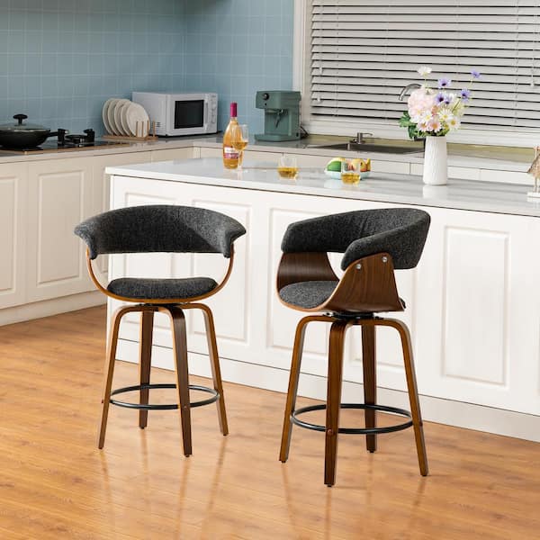 Seat Height 24.25 in. Modern Heathered Black Wood Fabric Swivel Counter Stool with Walnut Bentwood Base (Set of 2)