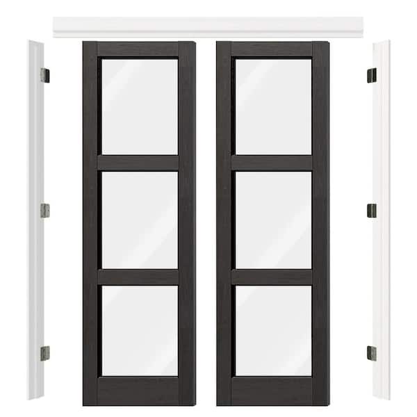 48 in. x 80 in. 3-Lite Clear Glass Black PVC Covering MDF. Wood Universal Pre-hung French Door with Quick Assemble Jamb