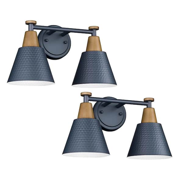 JAZAVA Modern 14.8 in. 2-Light Wall Sconces Blue Bathroom Light Fixtures Vanity Light with Hammered Metal Shade
