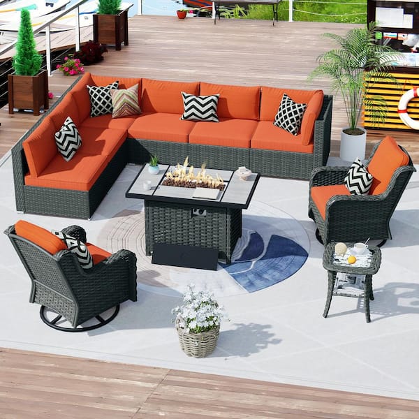 OVIOS HOPPISH Gray 9-Piece Wicker Patio Rectangle Fire Pit Conversation Set with Orange Red Cushions and Swivel Chairs