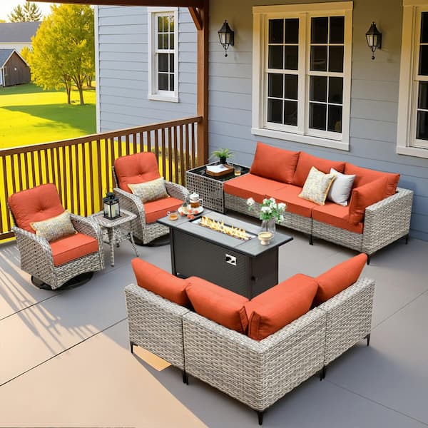HOOOWOOO Howell 11-Piece Wicker Outdoor Furniture Patio Fire Pit Conversation Sofa Set with Swivel Chairs and Orange Red Cushions