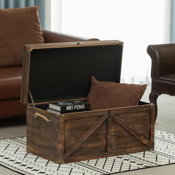 Vintiquewise Brown Large Wooden Lockable Trunk Farmhouse Style