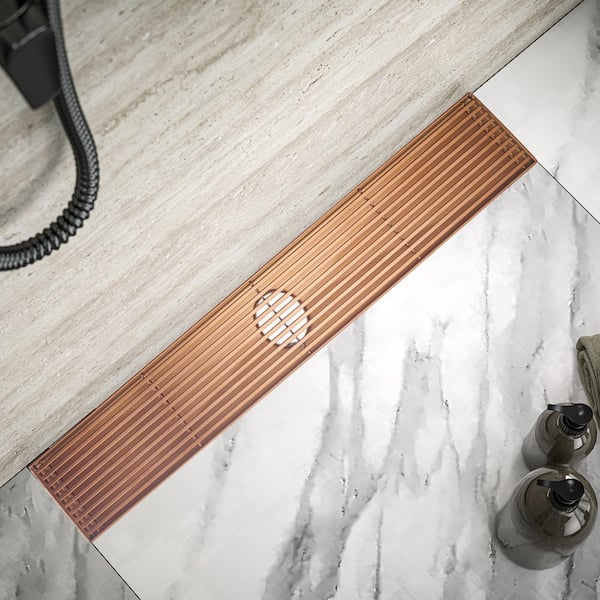 24 in. Linear Stainless Steel Shower Drain with Bar Pattern in Rose Gold