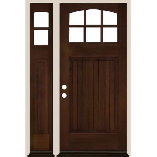 Krosswood Doors 50 in. x 80 in. V-Groove Arched 6-Lite Clear Glass Provincial Stain Right Hand Hemlock Wood Prehung Front Door w/LSL