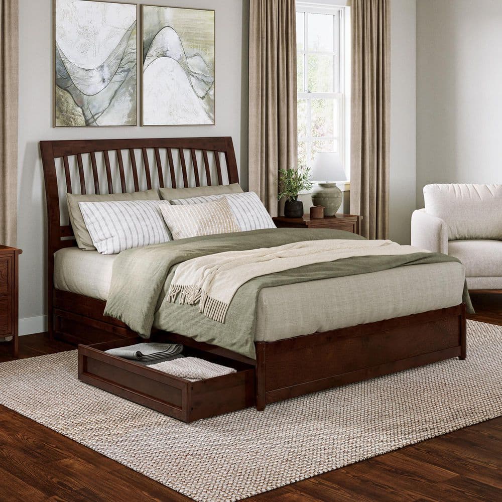 Roslyn Walnut Brown Solid Wood Frame Queen Platform Bed with Panel Footboard and Storage Drawers