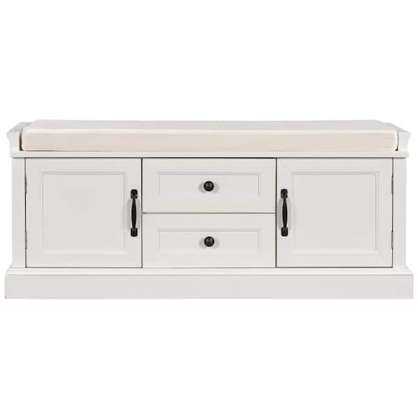 Polibi White Storage Bench with 2 Drawers and 2 cabinets for Living Room, Entryway (42.5''W x 15.9''D x 17.5''H)