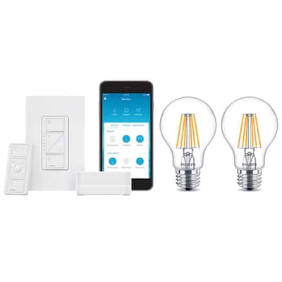 Caseta Wireless Smart Lighting Dimmer Switch Start Kit and 2 Philips A19 LED Light Bulbs with Warm Glow Effect