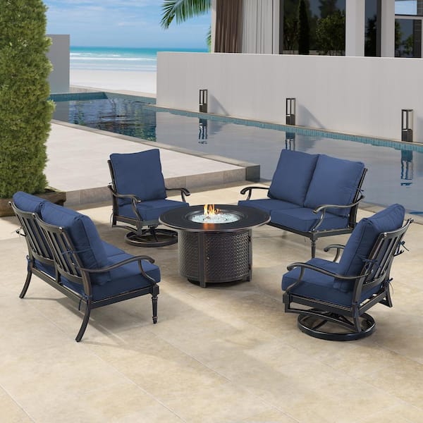 Black 5-Piece Aluminum Patio Fire Pit Set with Blue Cushions