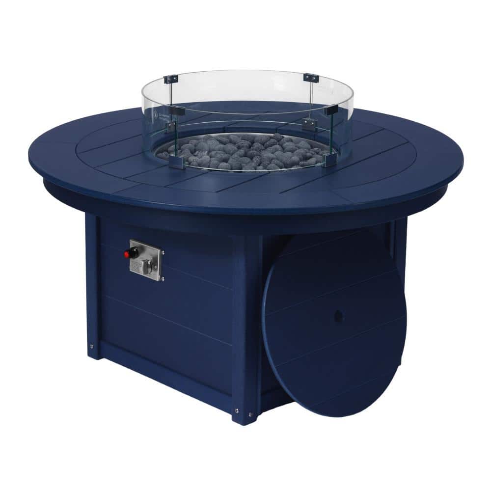 "Bloomfield Round 47"" Outdoor Patio Propane Gas Fire Pit Table with Glass Wind Guard Lid and Lava Rocks, Navy Blue" price history on PriceWatchPro