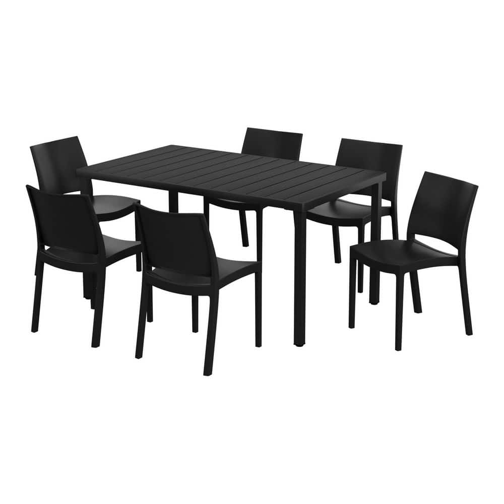 Frond and Form Outdoor Patio Modern 7-Piece Rectangular Steel Table, 6 Stackable HDPE Plastic Chairs Dining Set, Black price history on PriceWatchPro