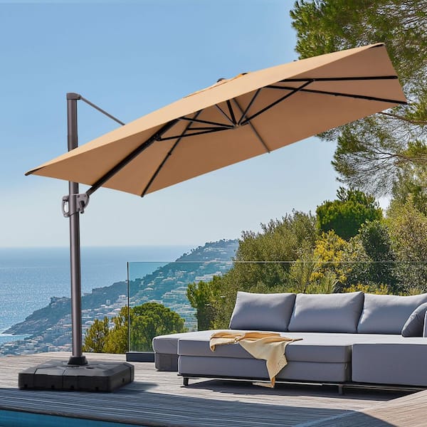 11 ft. x 9 ft. Rectangular Aluminum Offset 360° Rotation Cantilever Patio Umbrella in Tan with 350 lbs. Umbrella Base