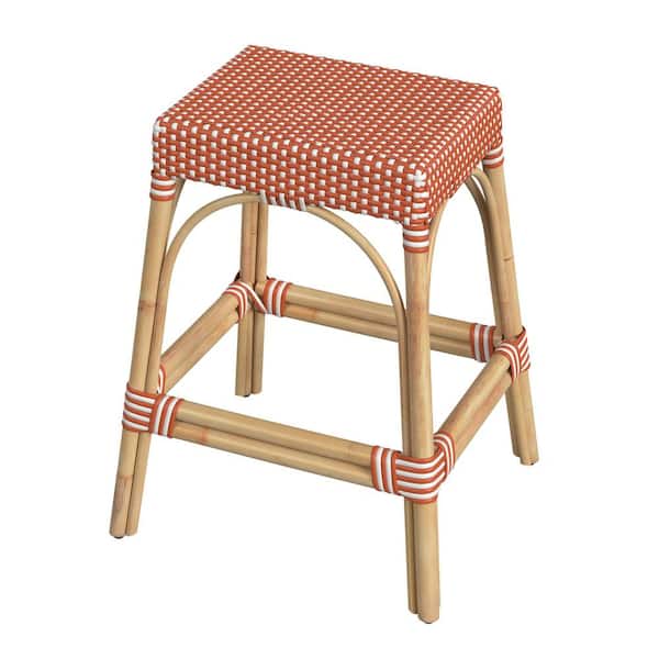 Butler Specialty Company Robias 24.5 in. Orange and White Dot Backless Rectangular Rattan Counter Stool (Qty 1)
