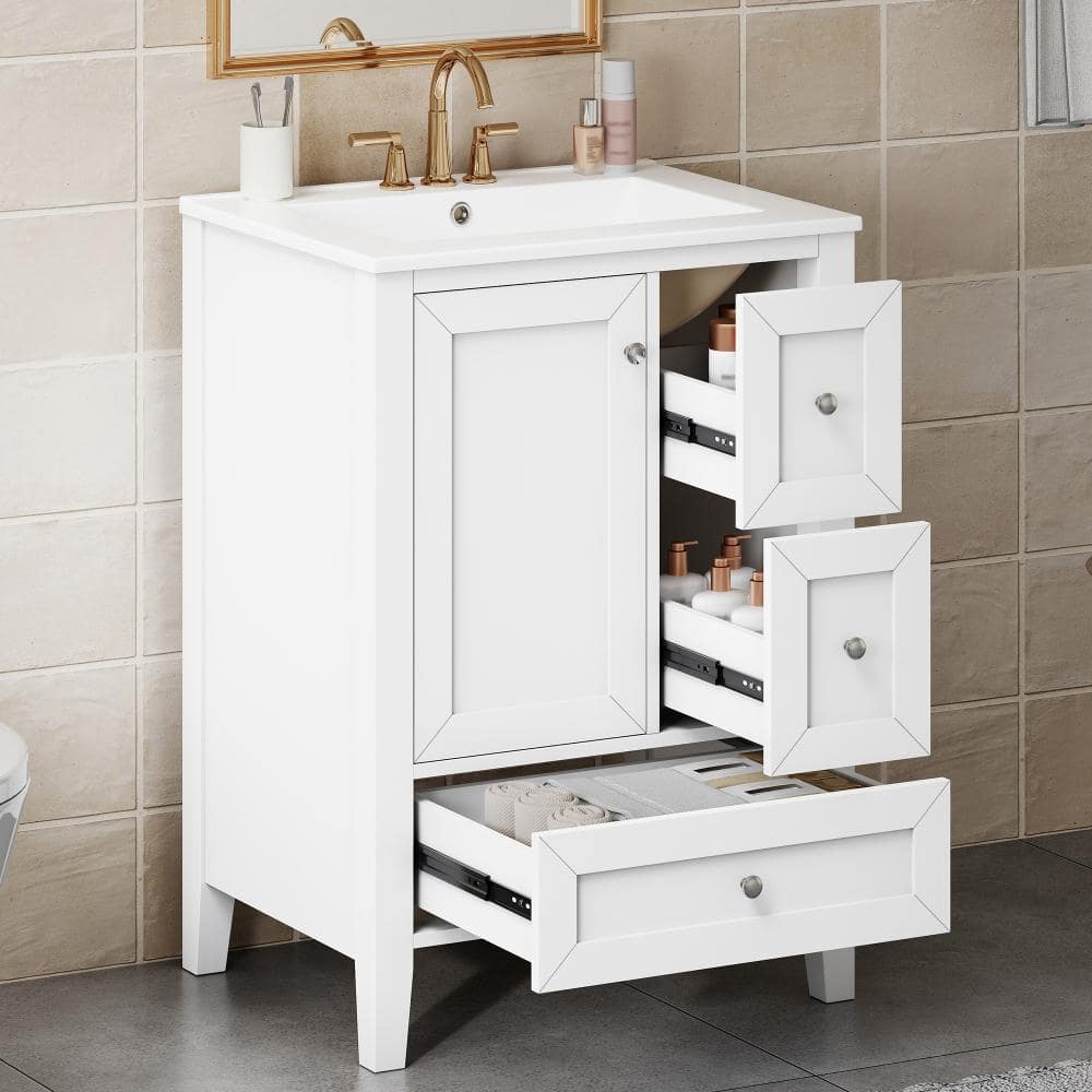 24 in. White Freestanding Bathroom Vanity with White Ceramic Sink Top, Storage Shelves and Drawers price history on PriceWatchPro