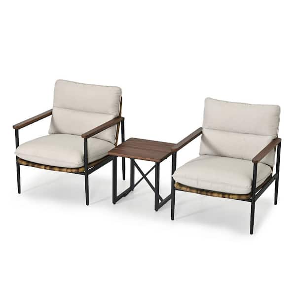 EGEIROSLIFE PureCane 3-Piece Aluminum Wicker Patio Conversation Set with End Table and Light Gray Cushions