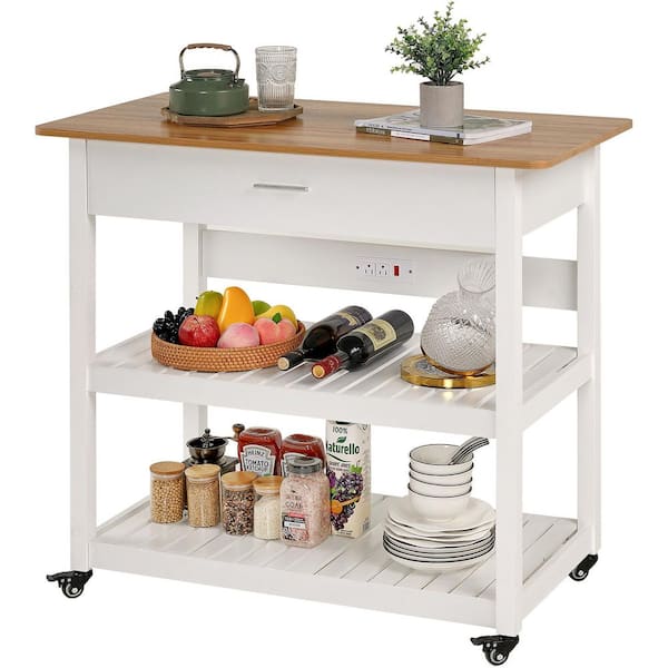 Kitchen Island Cart on Wheels, 40 in. Rolling Utility Cart with Power Strip, White Wood Top Shelves for Kitchen Storage