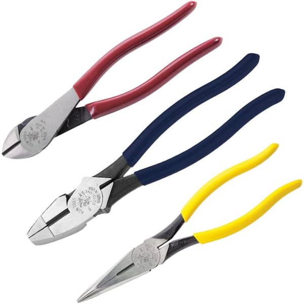 3-Piece Plier Set 9 in. Linesman Plier, 8 in. Long Nose Plier, 8 in. Diagonal Side Cutter with Induction Hardened Knives