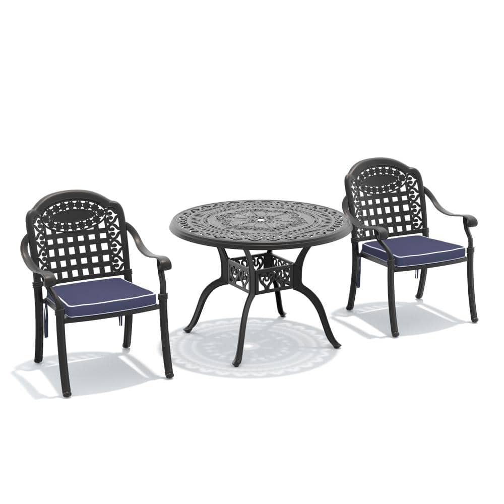 3-Piece Cast aluminum Patio Outdoor Dining Set with Round Table and Cast aluminum Chairs with Blue Cushions price history on PriceWatchPro