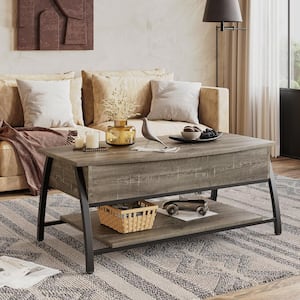 41.56 in. Retro Grey Oak Dark Rectangle Wood Coffee Table with Lift Top and Open Storage Shelf