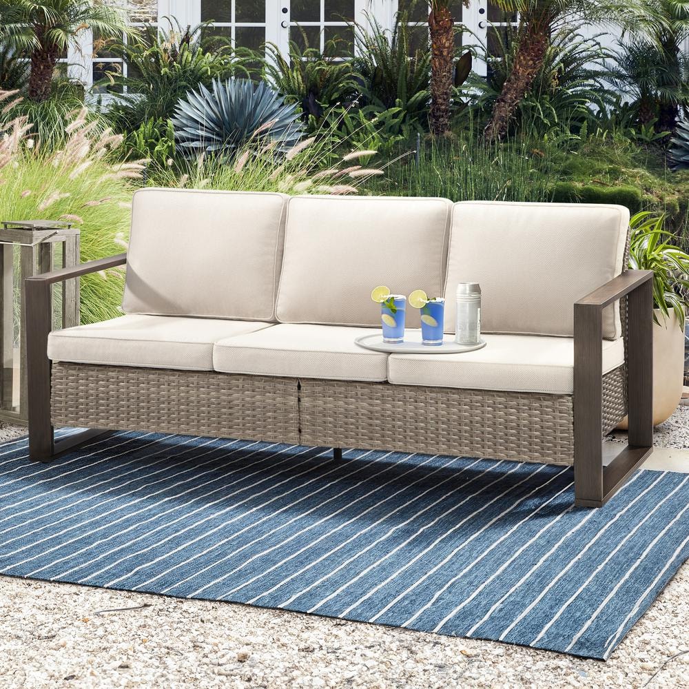 Beige 3-Seat Patio Wicker Sofa with Removable Cushions