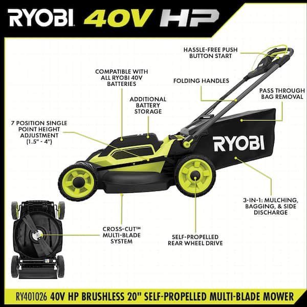 RYOBI - 40V HP Brushless 20" Cordless Electric Battery Multi-Blade Walk Behind Self-Propelled Lawn Mower-8.0Ah Battery & Charger