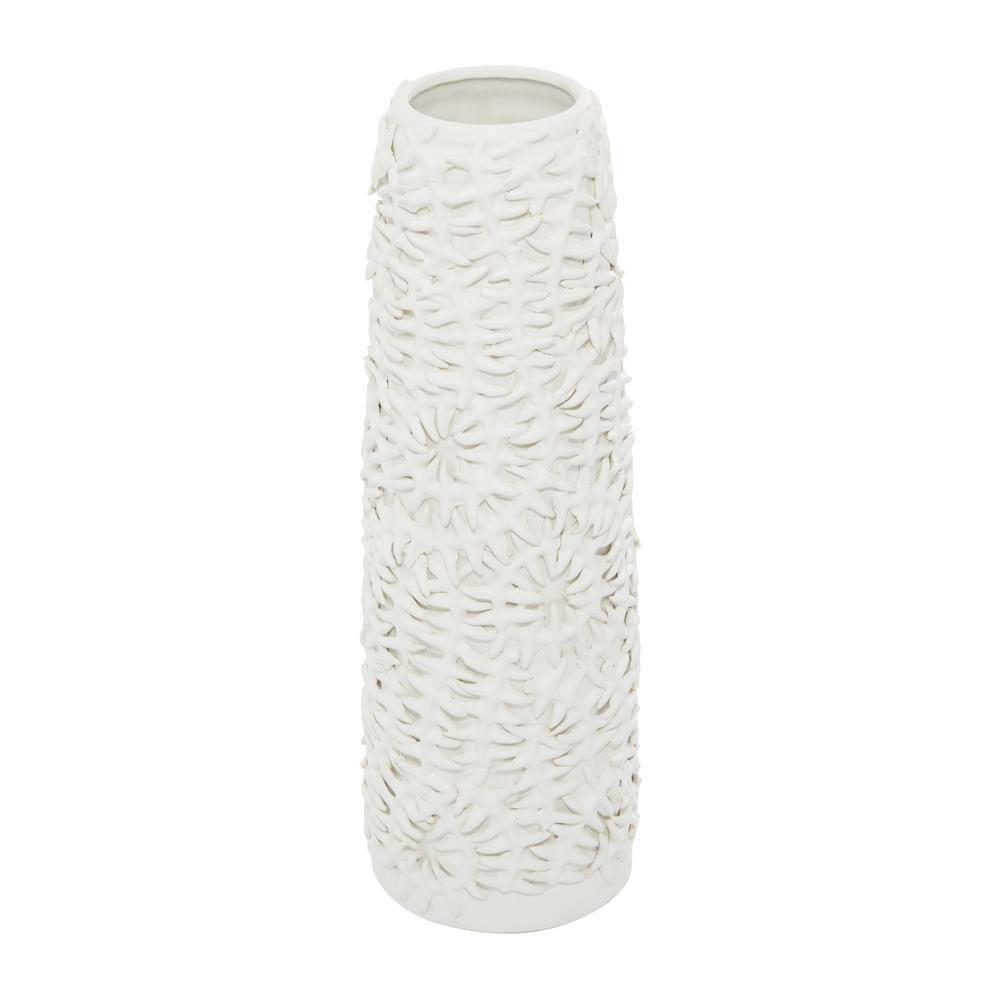 Contemporary Matte White Ceramic Cylinder Vase with Pine Leaf Pattern