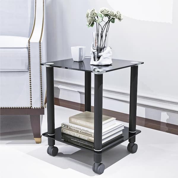 Unbranded 2 Pieces Black Square Outdoor Side Table, 2-Tier Space End Table, Indoor Modern Night Stand with Storage Shelve