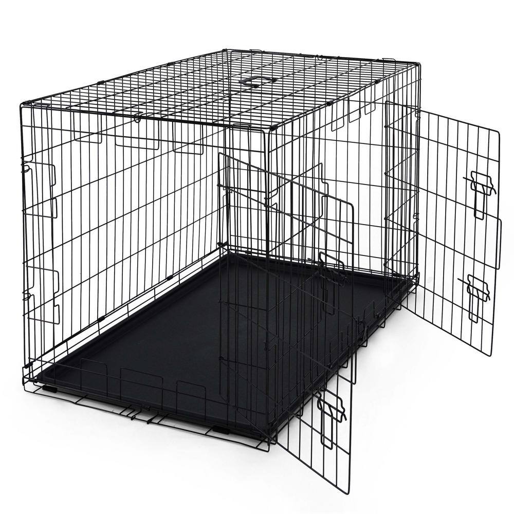 Black Foldable Metal Dog Crate with Double Doors, 42"
