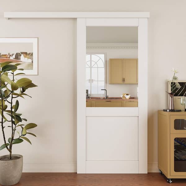 36 in. x 80 in. Hidden Track Style 1/2-Lite Clear Glass White Primed MDF Sliding Barn Door with Hardware Kit