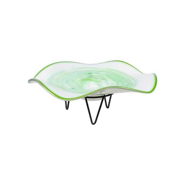 Dale Tiffany Cavalier Hand Blown White Green 18 in. Wide Hand Blown Art Glass Bowl With Stand