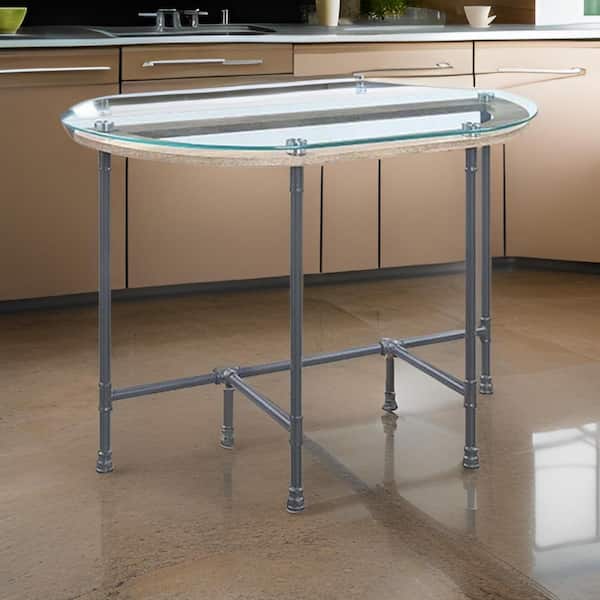 Benjara 47 in. Clear Glass and Gray Semi Circle Glass End/Side Table with Metal Frame