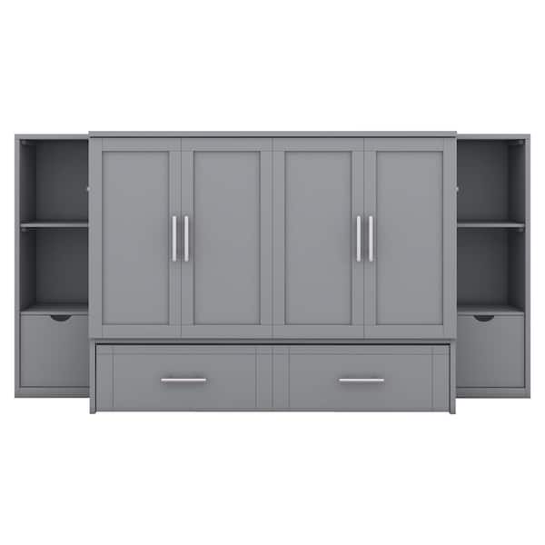 Nestfair Gray Wood Frame Full Size Murphy Bed with Shelves, Drawers and USB Ports MBLE0067E