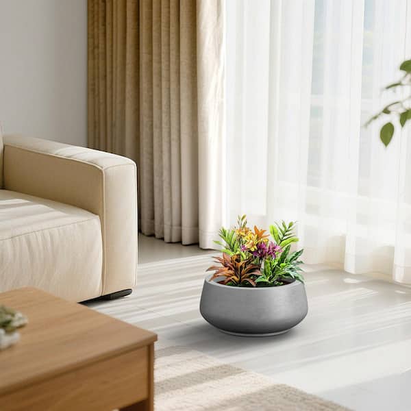 17 in. Dia Round Curvy Concrete Planter, Large Bowl Plant Pots with Drainage Hole, Concrete Gray(Enhanced Interior)
