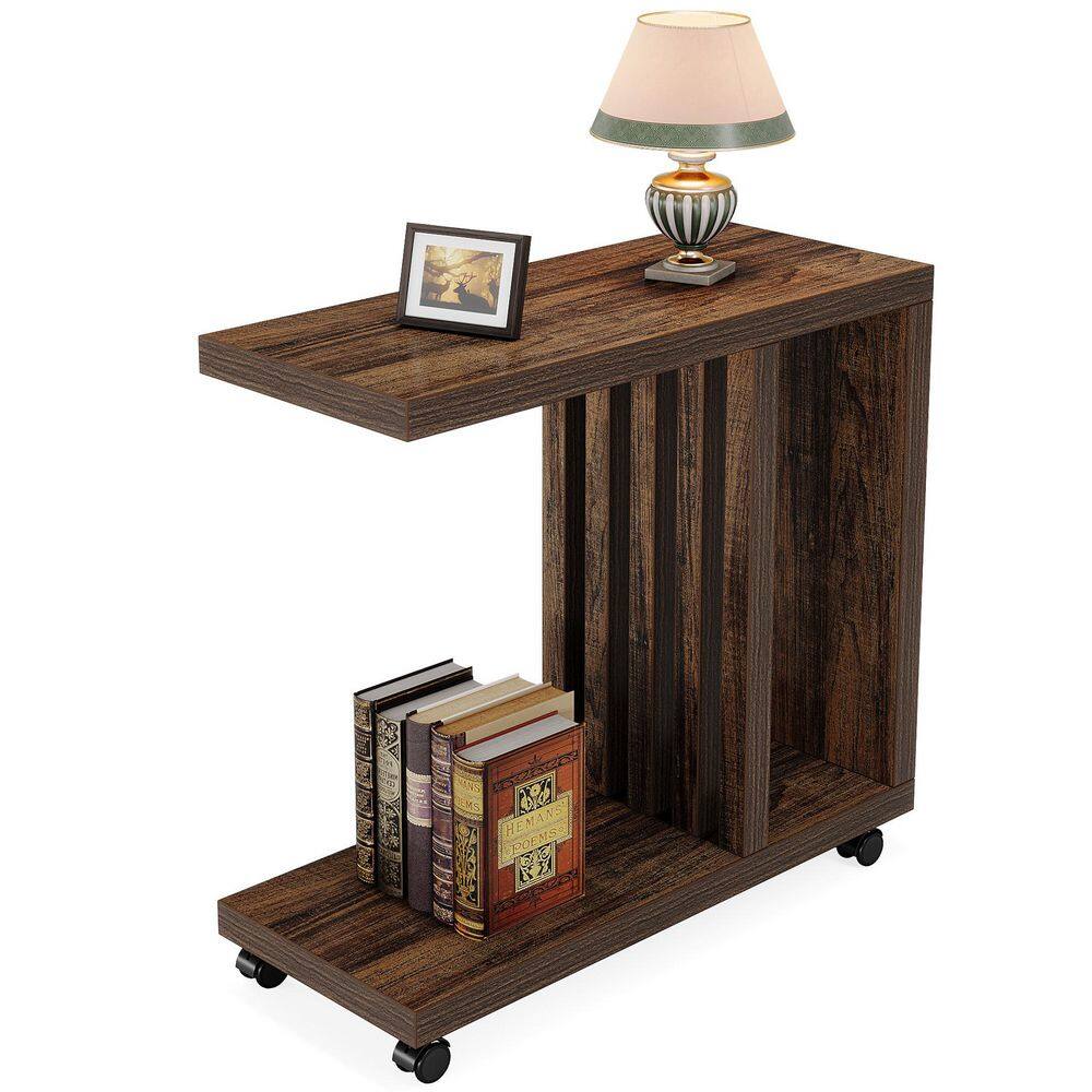 Kerlin 23.6 in. Rustic Brown Rectangle Wood End Table, C Table with Lockable Wheels