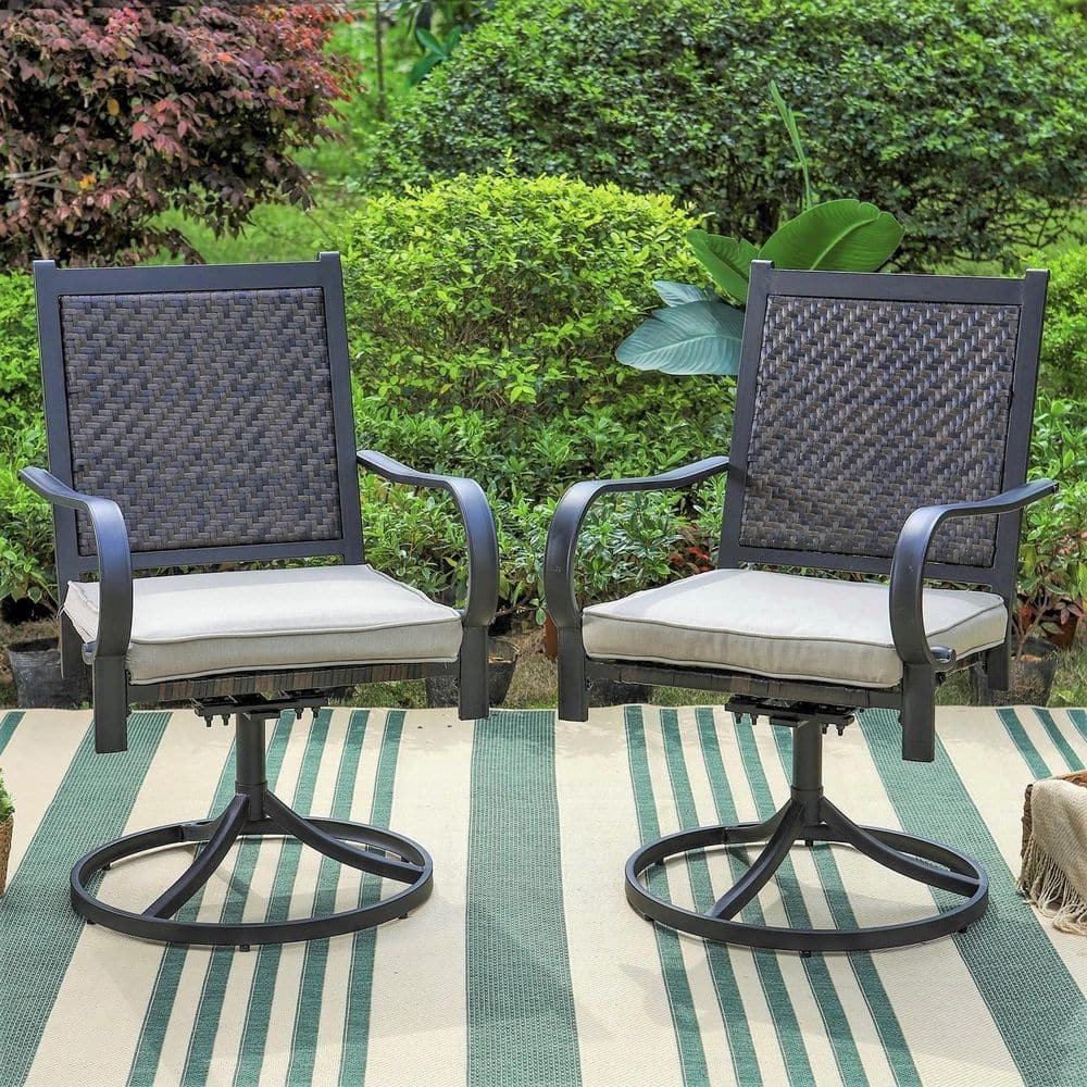 PHI VILLA Black Rattan Metal Patio Outdoor Swivel Dining Chair with ...