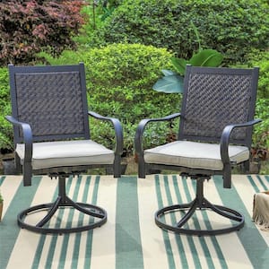 Black Rattan Metal Patio Outdoor Swivel Dining Chair with Beige Cushion (2-Pack)