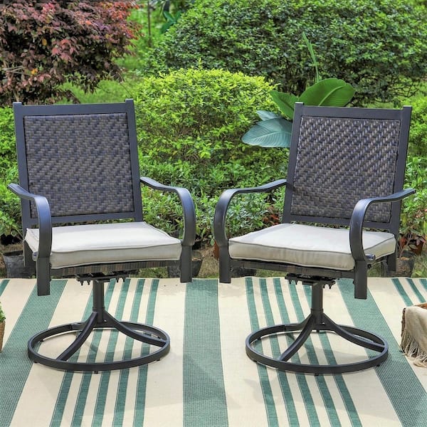 PHI VILLA Black Rattan Metal Patio Outdoor Swivel Dining Chair with ...