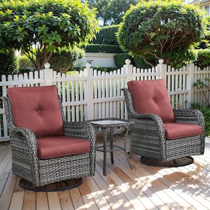 Gray 3-Piece Wicker Patio Conversation Deep Seating Set with Gray Cushions All-Weather Swivel Rocking Chairs