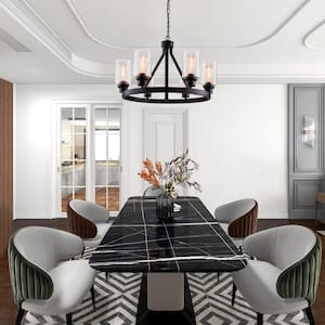 6-Light Black Chandelier, Vintage Candle Farmhouse Ceiling Pendant Light with Glass Shade for Dining Room Living Room