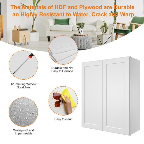 HOMEIBRO 33 in. W x 12 in. D x 42 in. H in Shaker White Plywood Ready to Assemble Wall Cabinet 2-Doors 3-Shelves Kitchen Cabinet