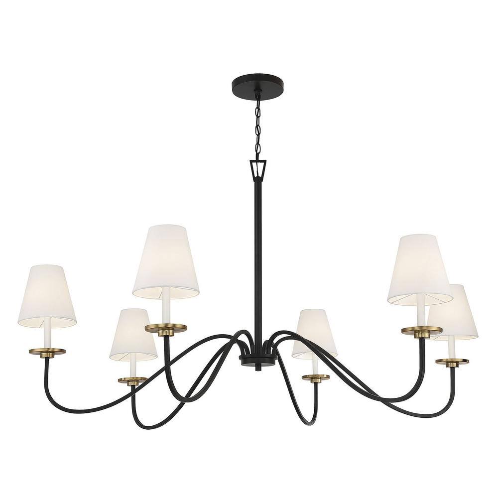 Black and Brass 6-Light Chandelier with White Shades