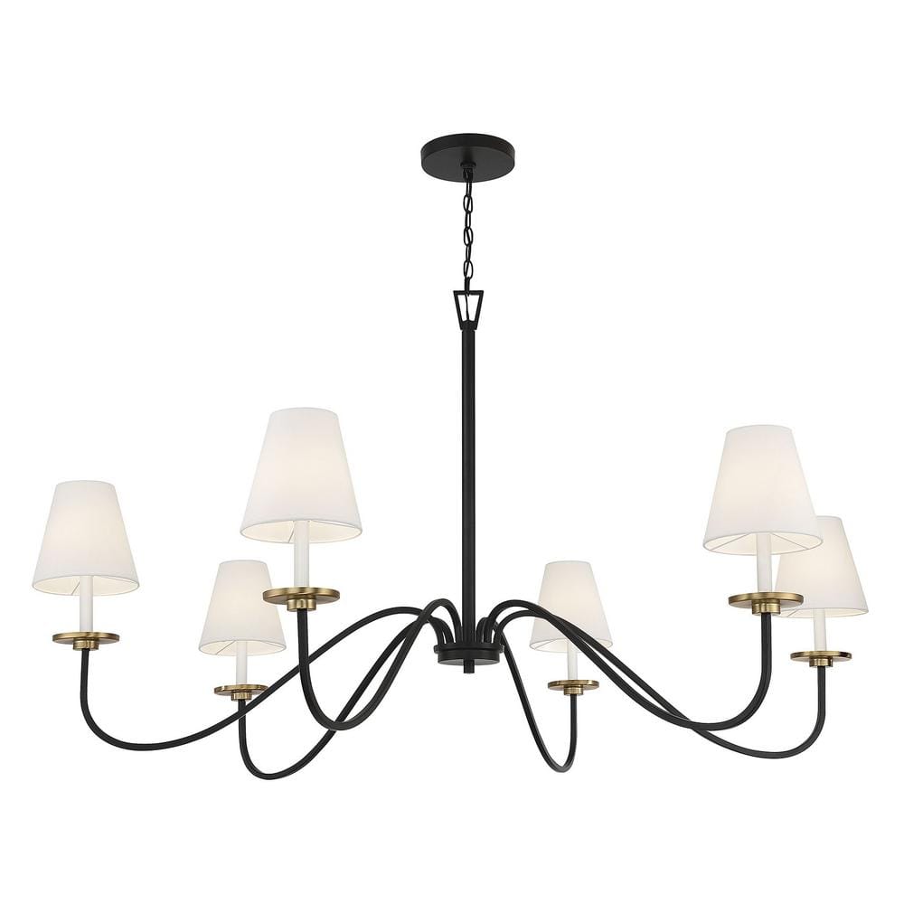 Black and Brass 6-Light Chandelier with White Shades