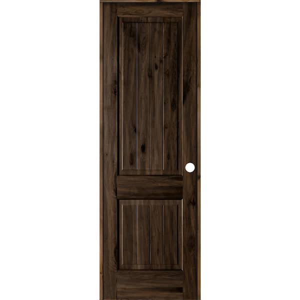 Krosswood Doors 30 in. x 96 in. Knotty Alder 2 Panel Left-Hand Square Top V-Groove Black Stain Solid Wood Single Prehung Interior Door
