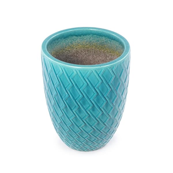 17 in. Dia. Teal Cyan Handmade Outdoor Ceramic Planter Pot with Falling Diamond