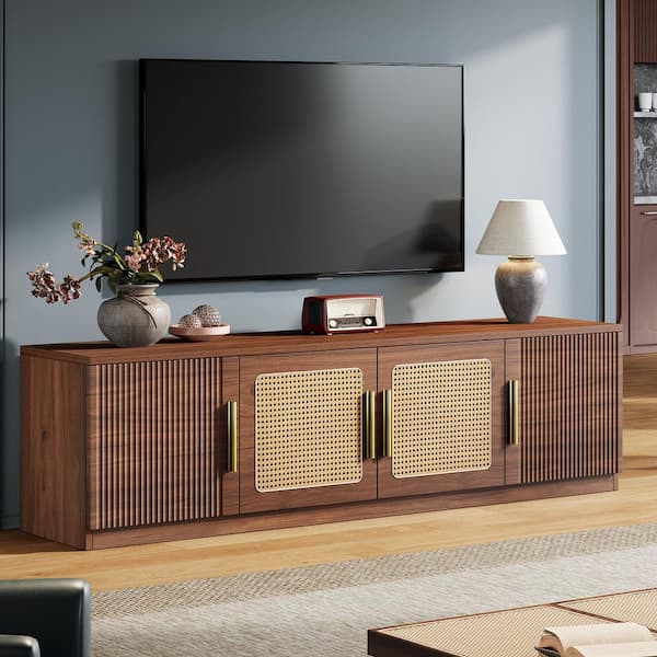 BYBLIGHT Ezlynn Walnut TV Stand Entertainment Center Fits TV's up to 80 in. with 6-Tier Storage Shelf