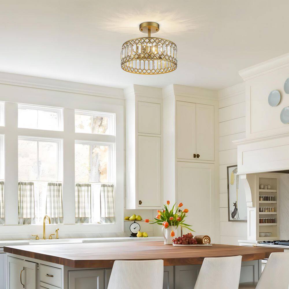 12.2 in. 3-Light Gold Crystal Semi Flush Mount Ceiling Light with Faceted Drum Shade for Entryway Closet Bedroom price history on PriceWatchPro