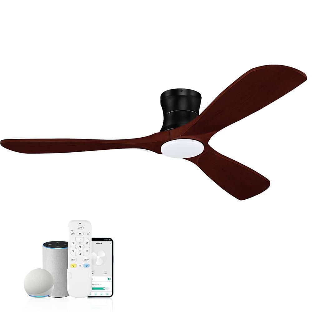 52 in. Smart Outdoor Indoor Black Flush Mount Ceiling Fans with Lights Remo