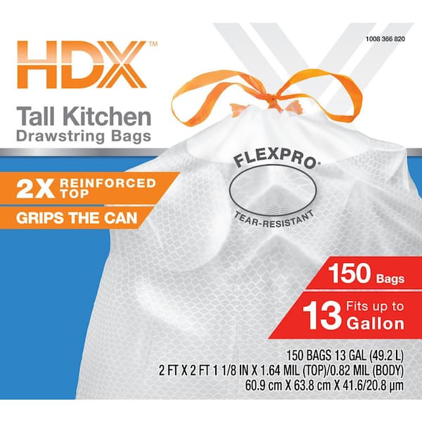 HDX FlexPro 13 Gal. Reinforced Top Drawstring Kitchen Trash Bags with 10% PCR (150-Count)